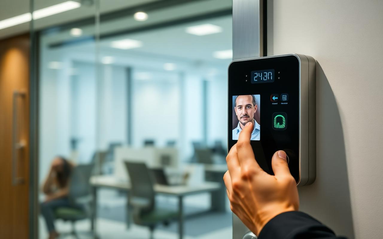 Leitor biométrico e facial em porta corporativa