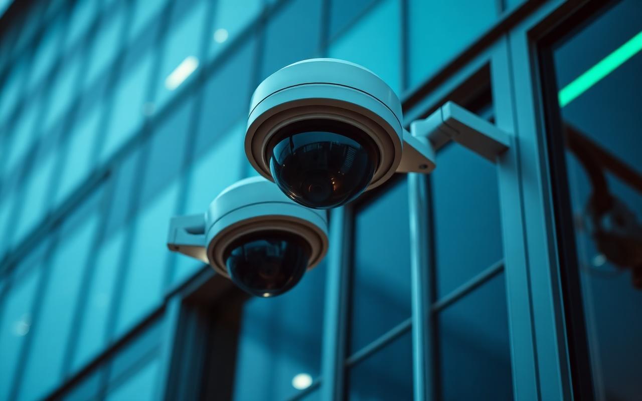 Câmeras dome de CFTV em fachada corporativa