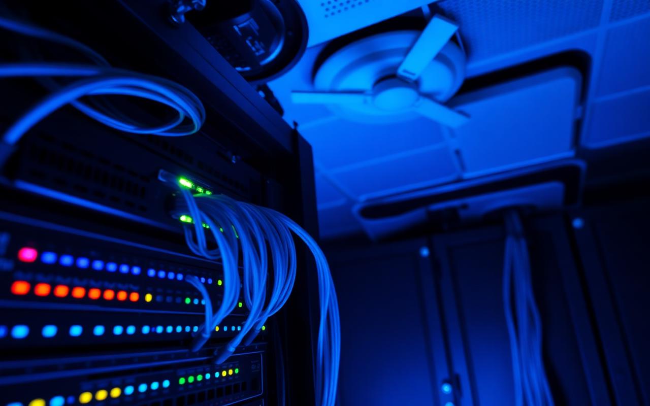 Rack de rede com switches, cabos de fibra óptica e LEDs