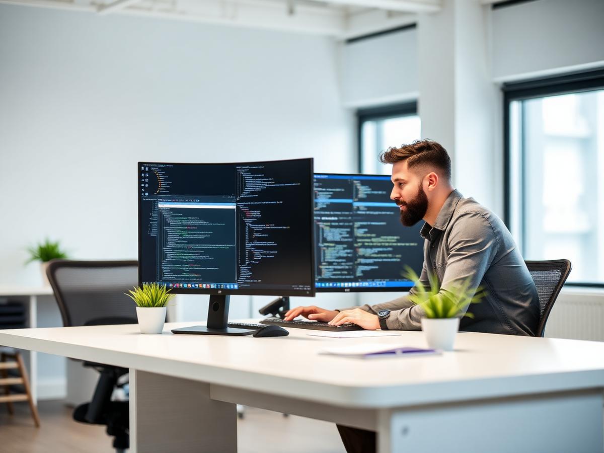 Engenheiros desenvolvendo software em escritório moderno